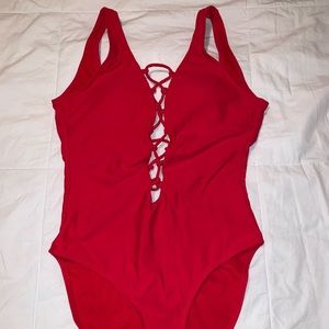 Red Lace-Up One Piece Swimsuit